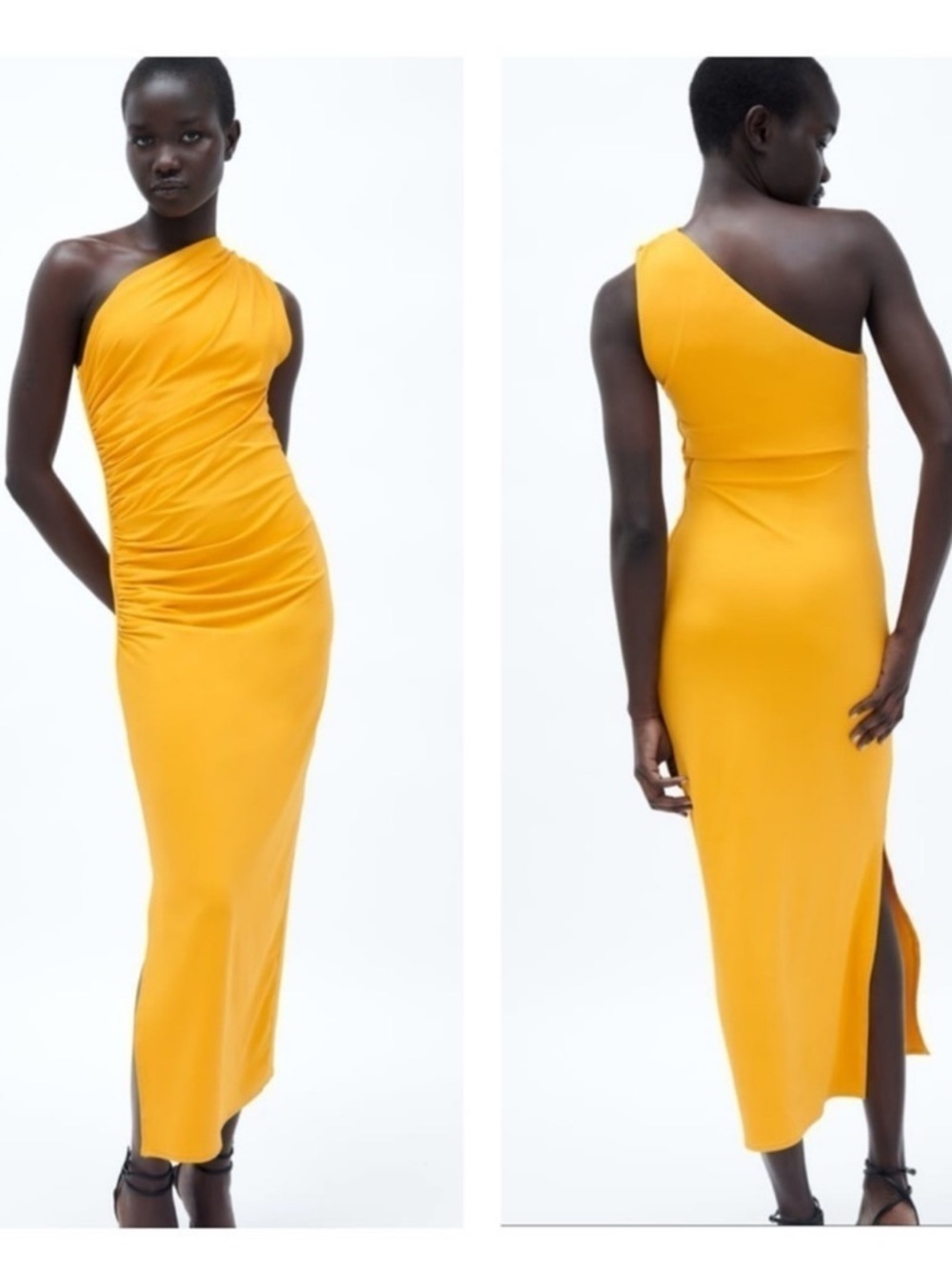 Zara | Mustard Yellow Asymmetric One Shoulder Ruched Midi Dress